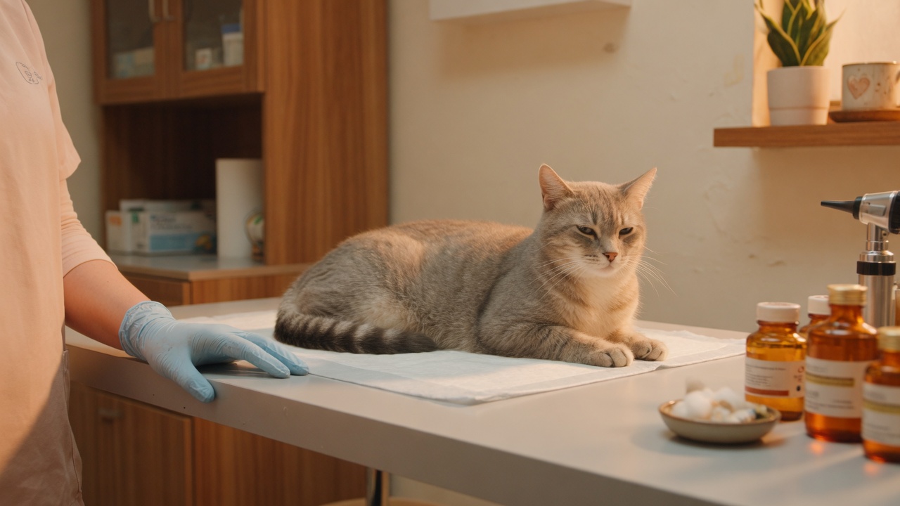 Veteriner muayene masasında yatan gri kedi, eldivenli el ve aşı şişeleri bulanık ön planda