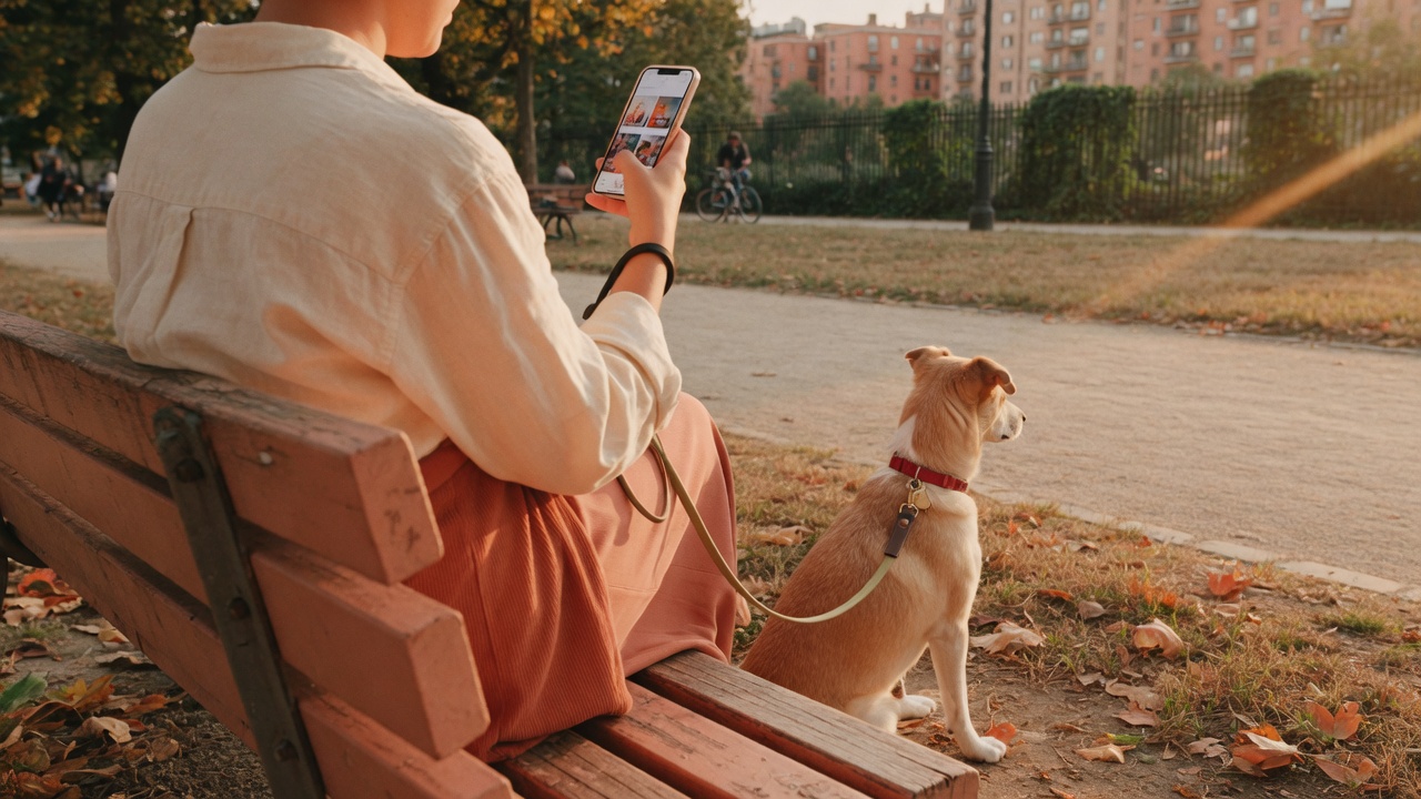 Parkta oturan yetişkin, elinde telefon, yanında tasmalı köpek; keşif ekranını kullanıyor
