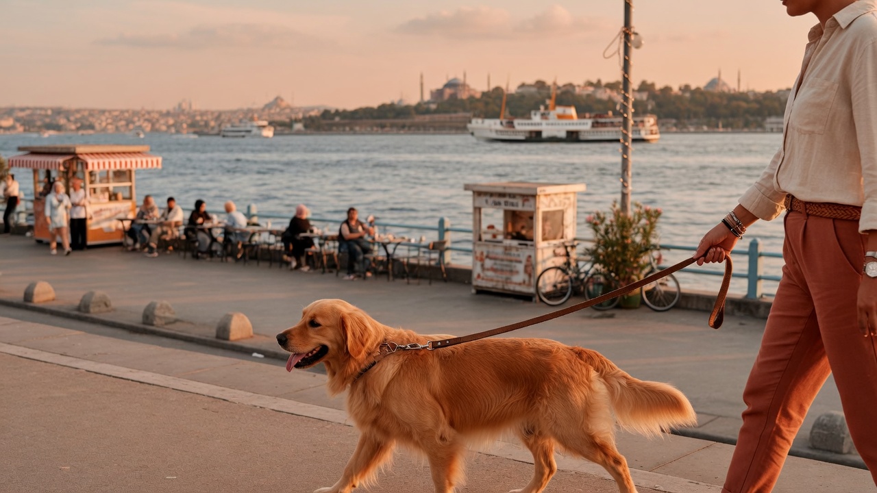 Kadıköy sahilinde tasma ile yürüyen golden retriever; arka planda vapur ve tarihi yarımada silueti