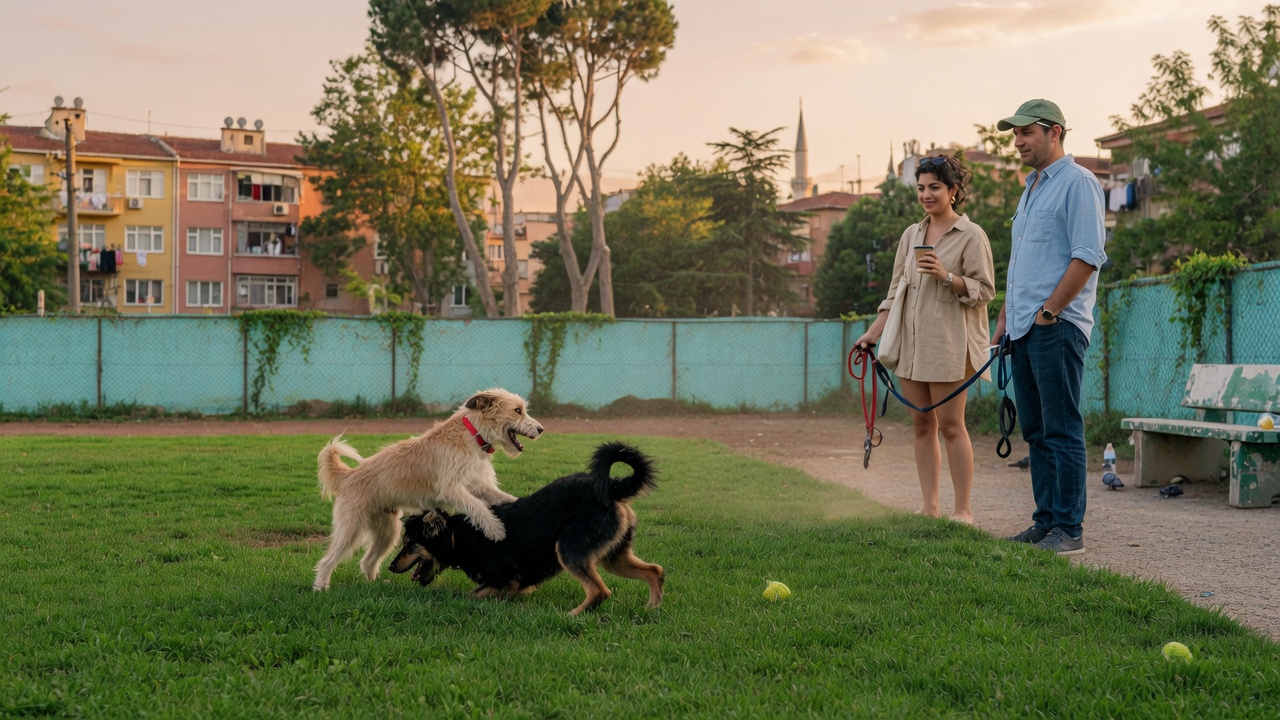 Çimenli köpek parkında koşan iki köpek, kenarda tasmalı sahipler