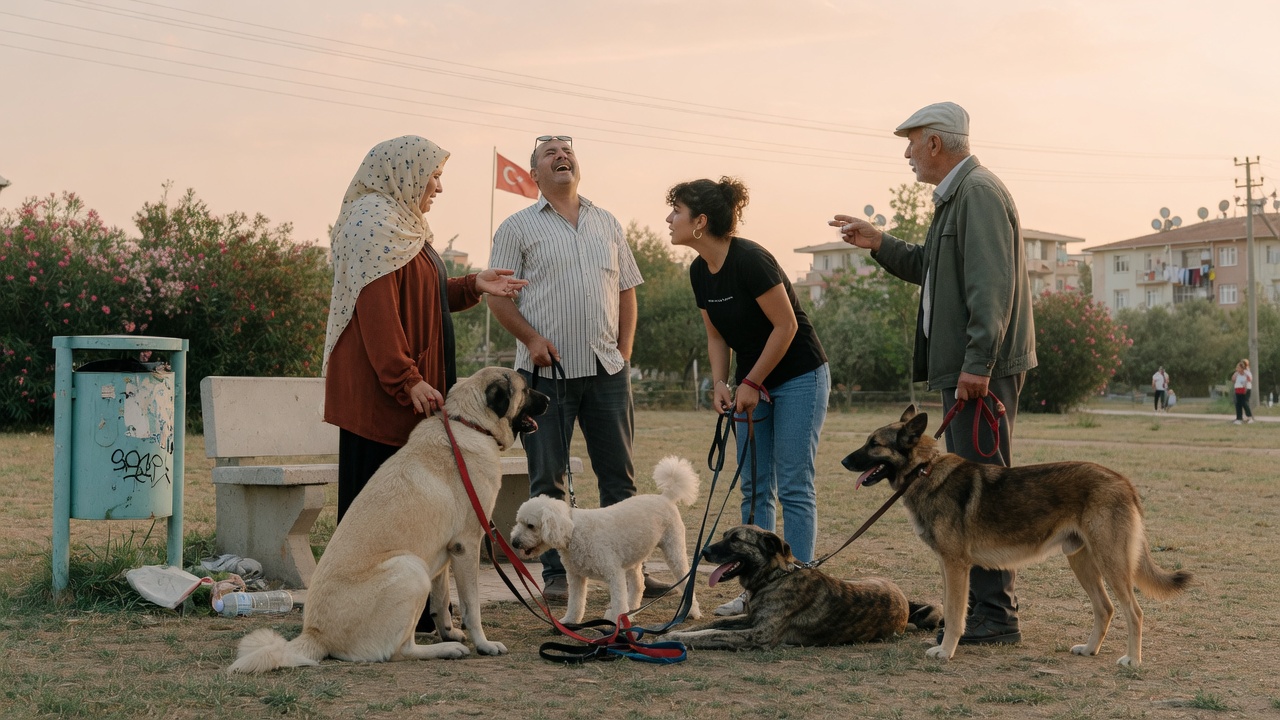 Mahalle parkında köpekleriyle sohbet eden yetişkin sahipler, akşam ışığında tasmalar yerde