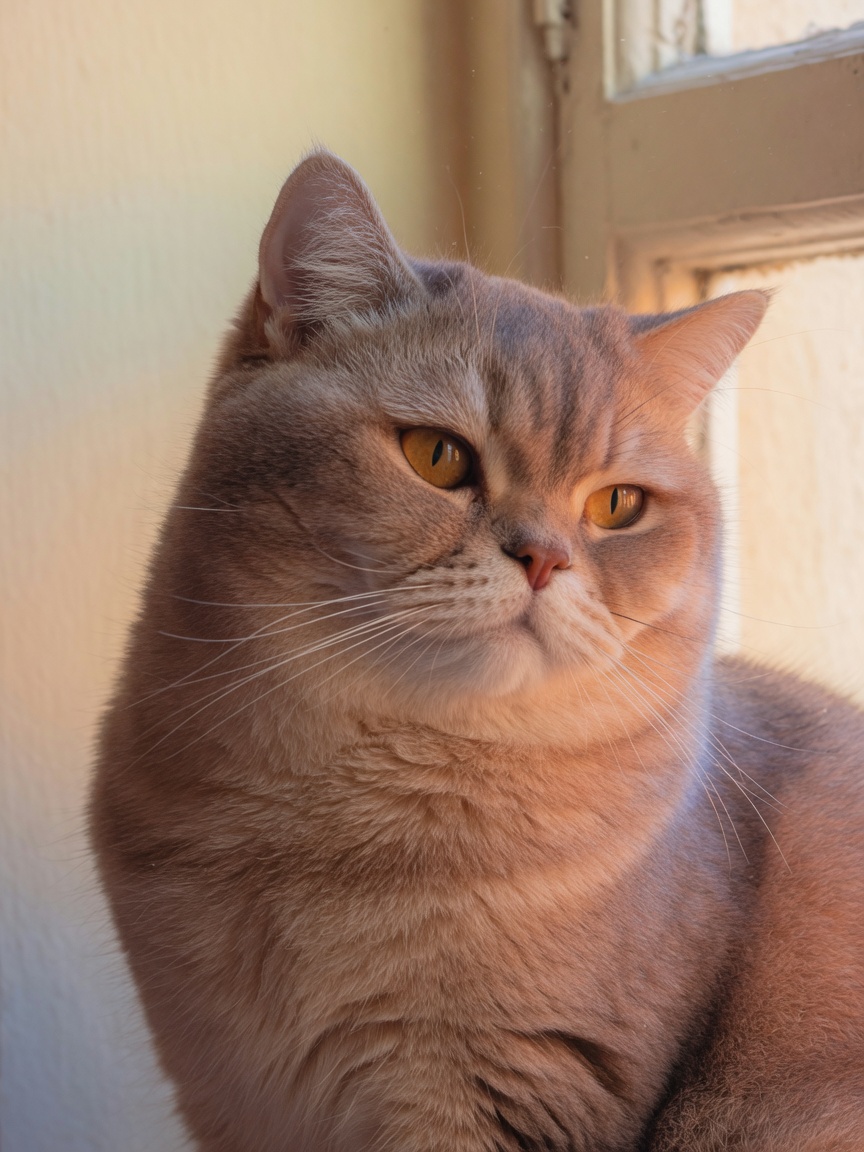 British Shorthair kedi portresi, krem zemin ve pencere ışığı