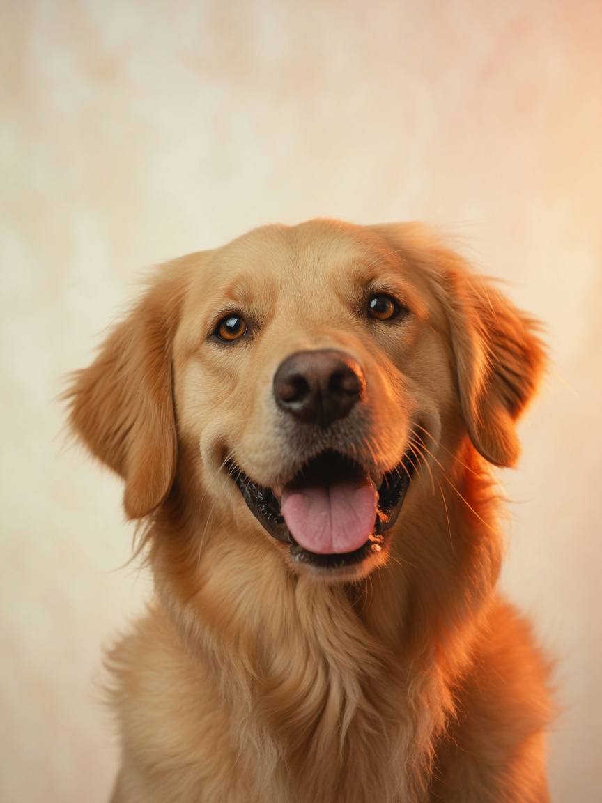 Gülümseyen golden retriever portresi, sıcak stüdyo ışığında